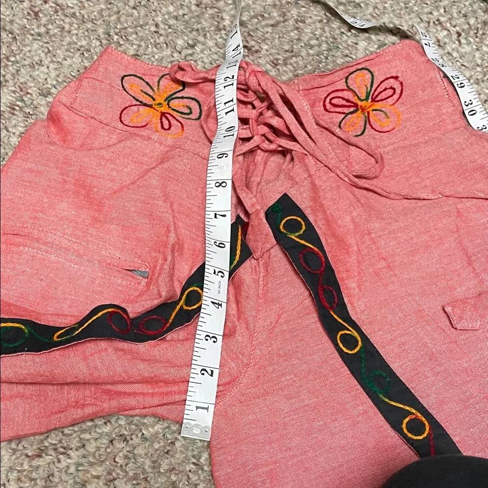Vintage Nepalese drawstring waist red Wide-Leg Pants with Embroidered Trim - Picture 8 of 11